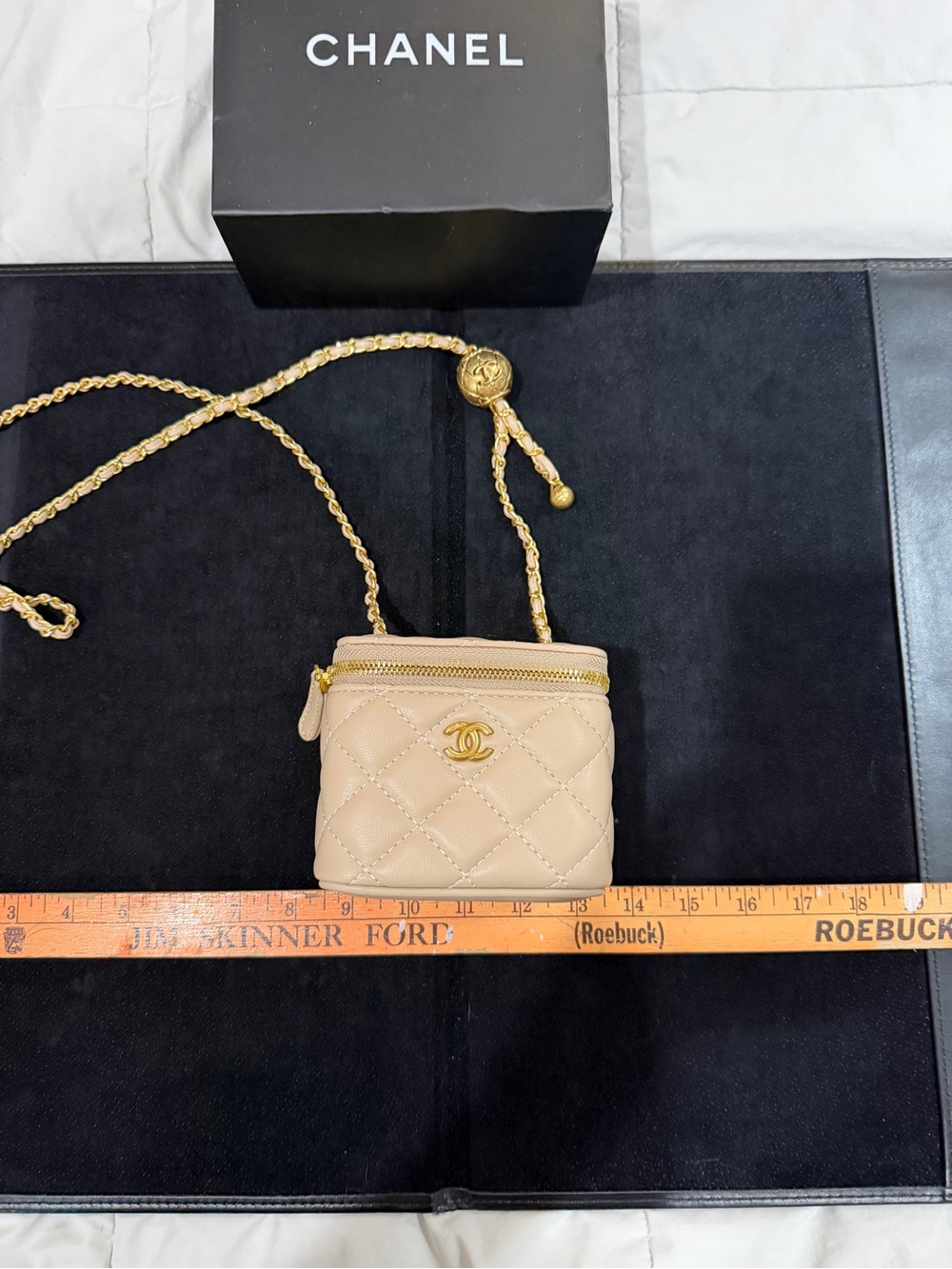 CHANEL Quilted Beige Mini/Nano Crossbody Bag with Gold Chain